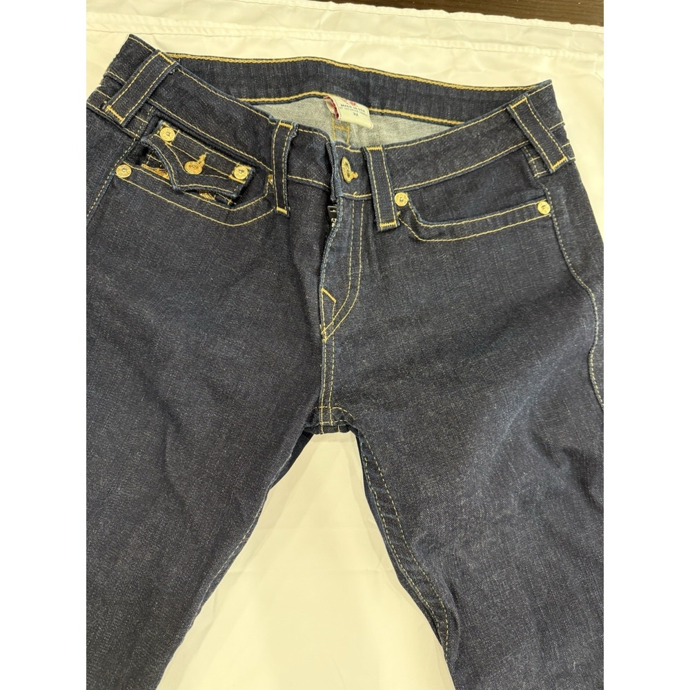 Women's True Religion High-Rise Bootcut Dark Wash Flap Pocket Thick Stitch Sz 32